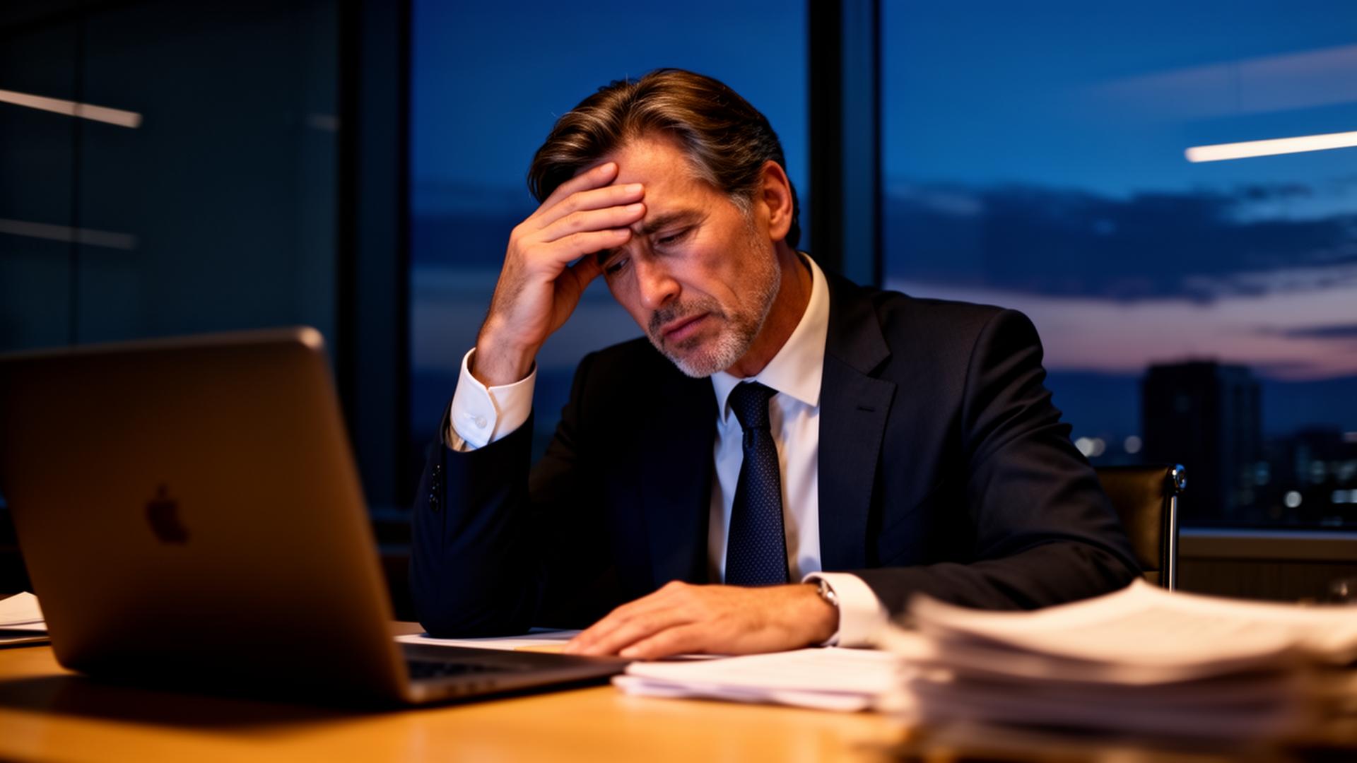 Ejecutivo agotado en su oficina al atardecer, representando el costo empresarial del burnout y la salud mental no gestionada